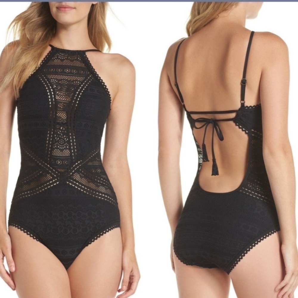 Becca Prairie Rose Lace Black Crochet One-Piece Halter Swimsuit